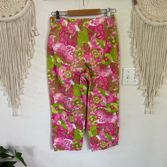 Briggs bright pink and green floral print Capri pants side zip size 8 - Picture 3 of 4